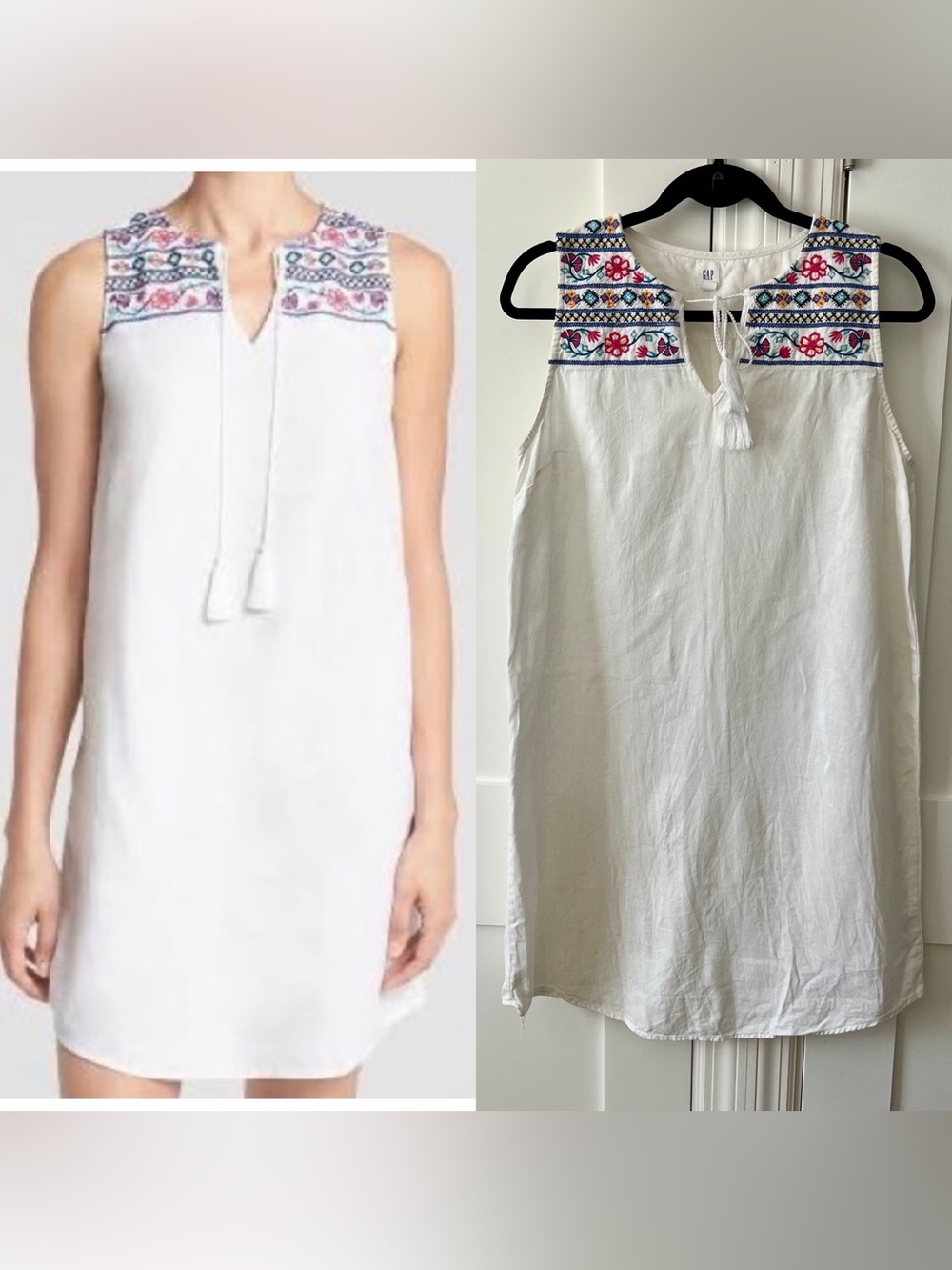 GAP Linen Blend Embroidered Sleeveless Tassel Neck Shift Dress White Sz M